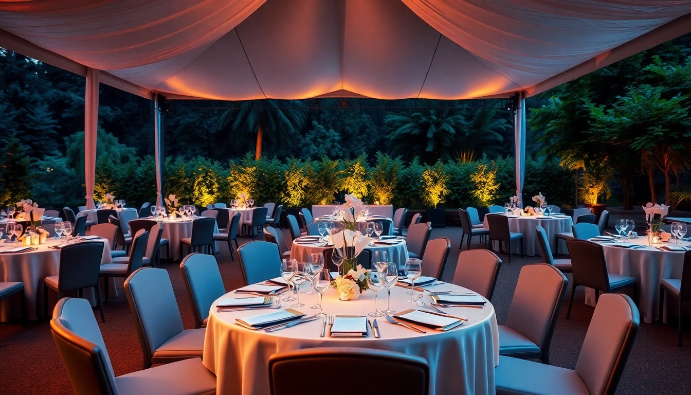 Stylish corporate event rentals setup showcasing elegant tables and tents for corporate event rentals.