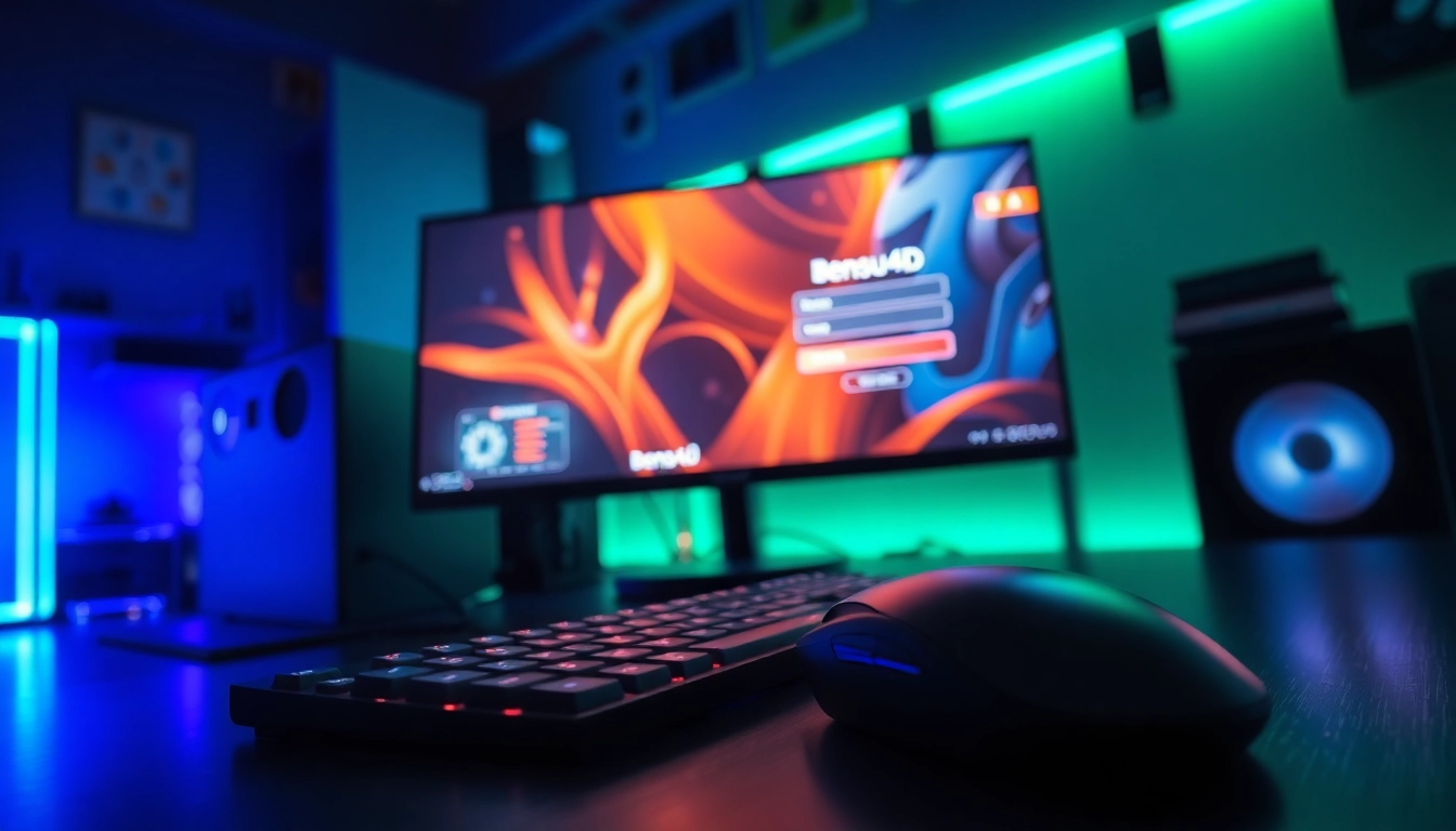 Login ke bensu4d login game dengan pengaturan gaming modern dan latar belakang LED berwarna.
