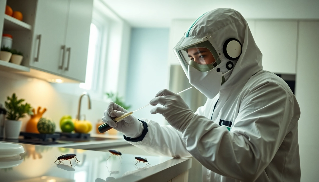 Cockroach infestation treatment being applied by a professional in a clean kitchen space.
