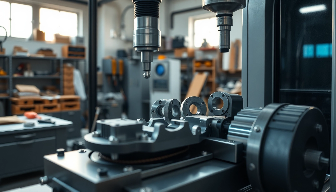 Custom part manufacturer creating precision components with CNC machinery in a professional workshop.