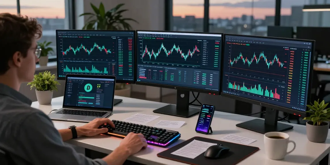 Bitcoin mining service dashboard in a high-tech trading workstation demonstrating cryptocurrency analysis and trading tools.