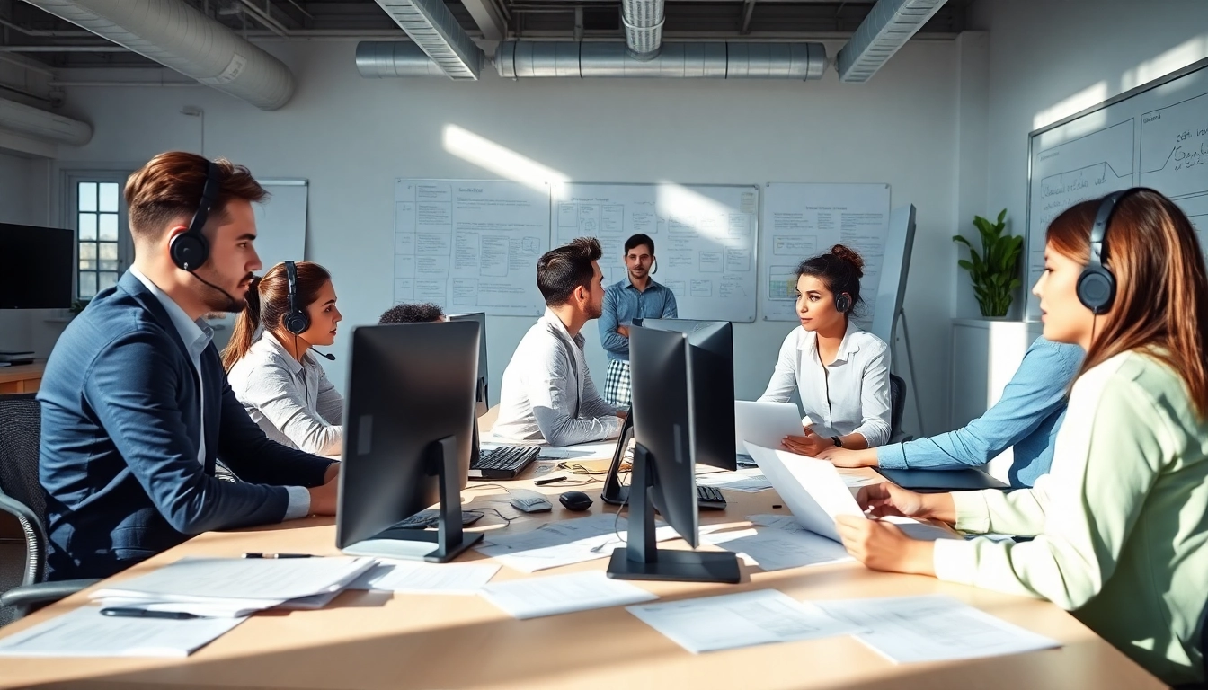 Engaging team working on IT support services in a modern office setting with bright lighting.