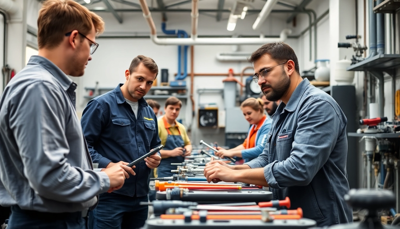Engaging plumbing apprenticeship workshop with trainees and instructor demonstrating skills.