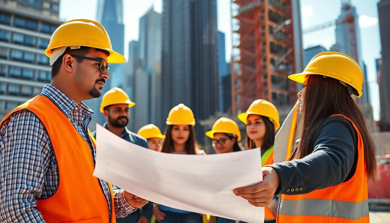 New York City General Contractor overseeing a diverse team at a busy construction site.