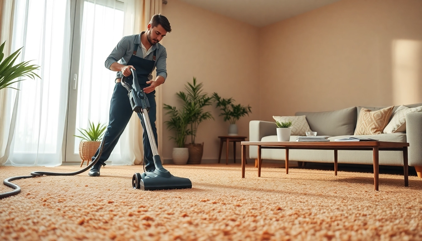 Get expert carpet cleaning near me with a technician revitalizing a cozy living room carpet.