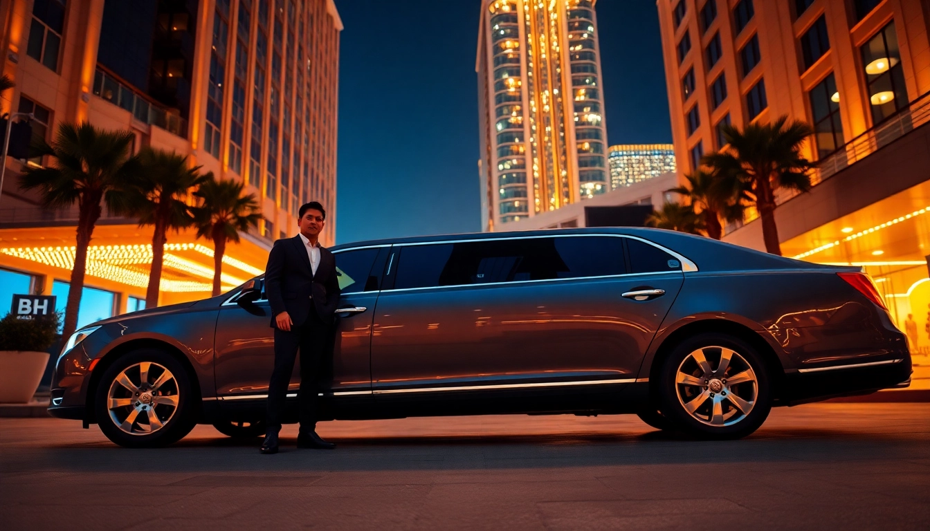 Luxury Los Angeles Limo service with a professional chauffeur outside a high-end hotel.