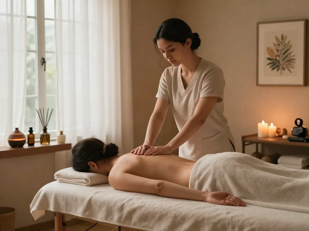 정왕동출장마사지 in a calming home therapy environment, featuring soothing light and relaxing elements.