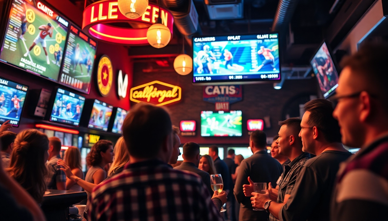 Engaging scene of sports betting in California showing fans enthusiastically placing bets.
