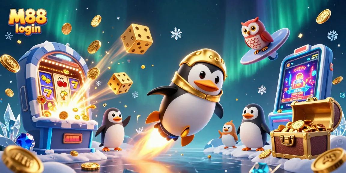 Engage in thrilling gameplay at M88 login featuring a golden penguin in a vibrant casino universe.
