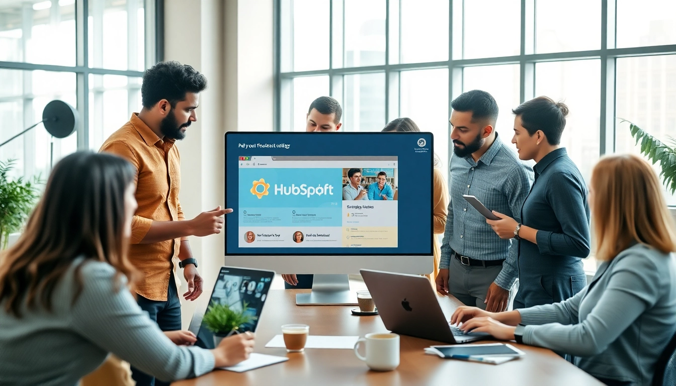 Collaborative team using hubspot crm free in a modern office environment.