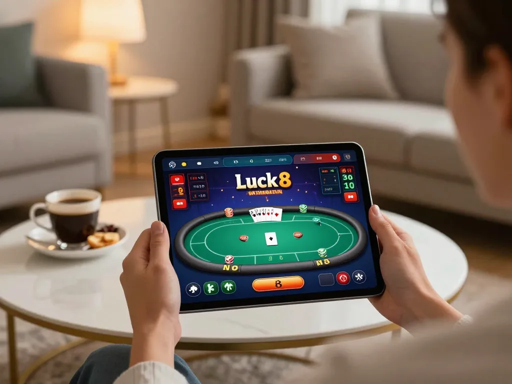 Luck8 players enjoying online poker game on a tablet in a cozy living room setup.