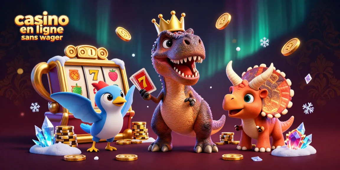 Gagnez au casino en ligne sans wager avec un T-Rex amusant et des jetons d'or brillants.