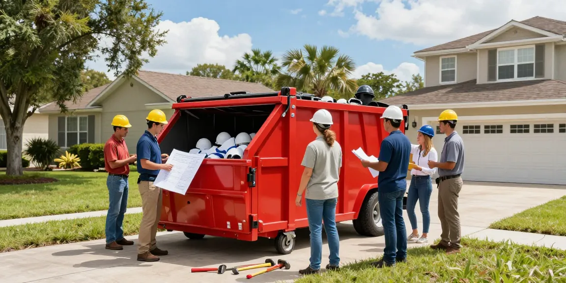 Dumpster rental in Sarasota FL service team unloading a roll-off dumpster for a home renovation project.