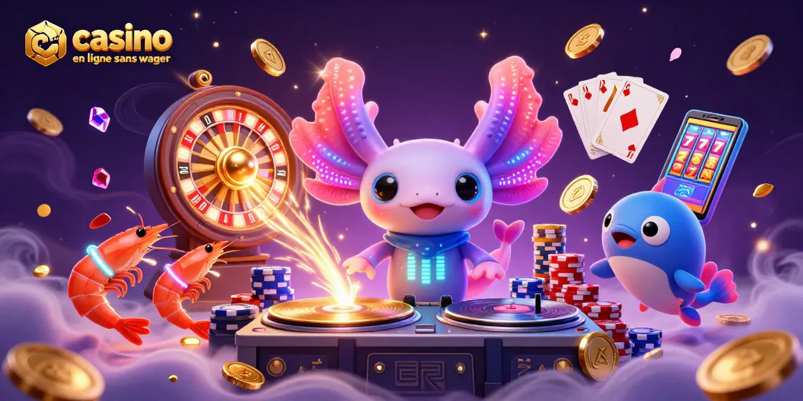 Plongez dans l'univers du casino en ligne sans wager avec un DJ axolotl vibrant et des créatures sous-marines dans une animation brillante.