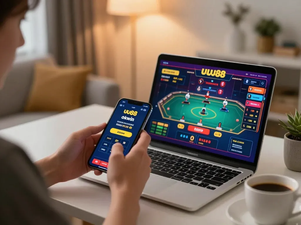 Engaging mobile gaming experience on uu88 okwin app, showcasing user interaction at stylish home setup