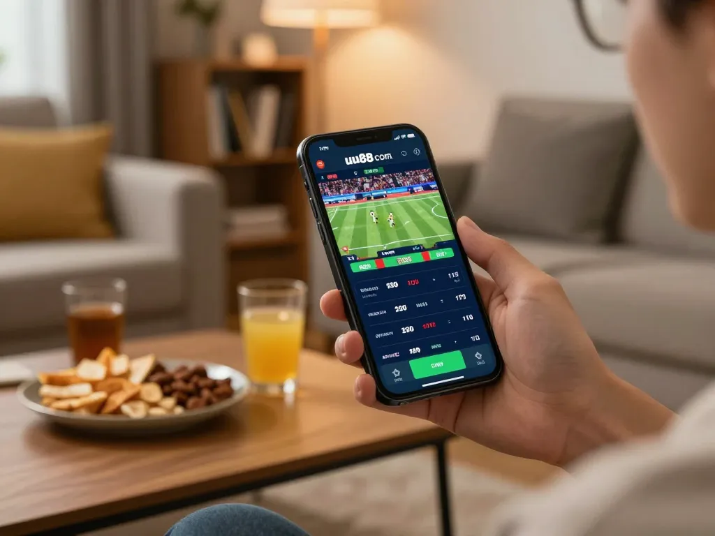 Person placing bets on the uu88 com app while enjoying a casual home setup with snacks and drinks.