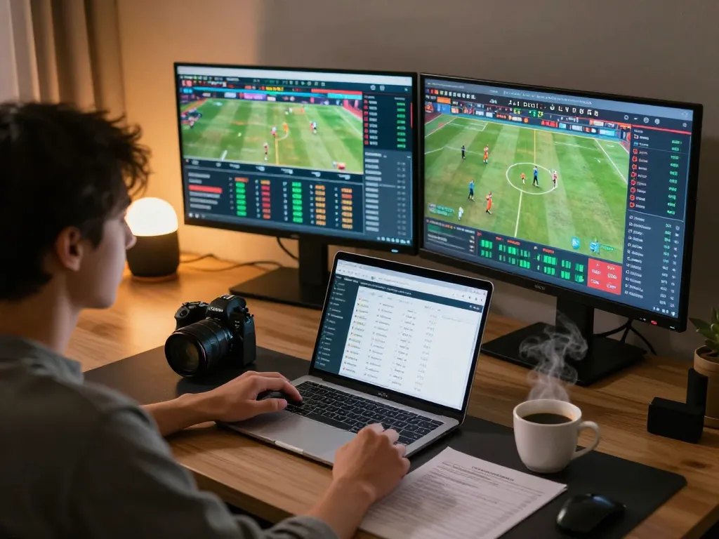 KÈO TRỰC TUYẾN player strategizes betting on multiple screens, showcasing live match data and odds