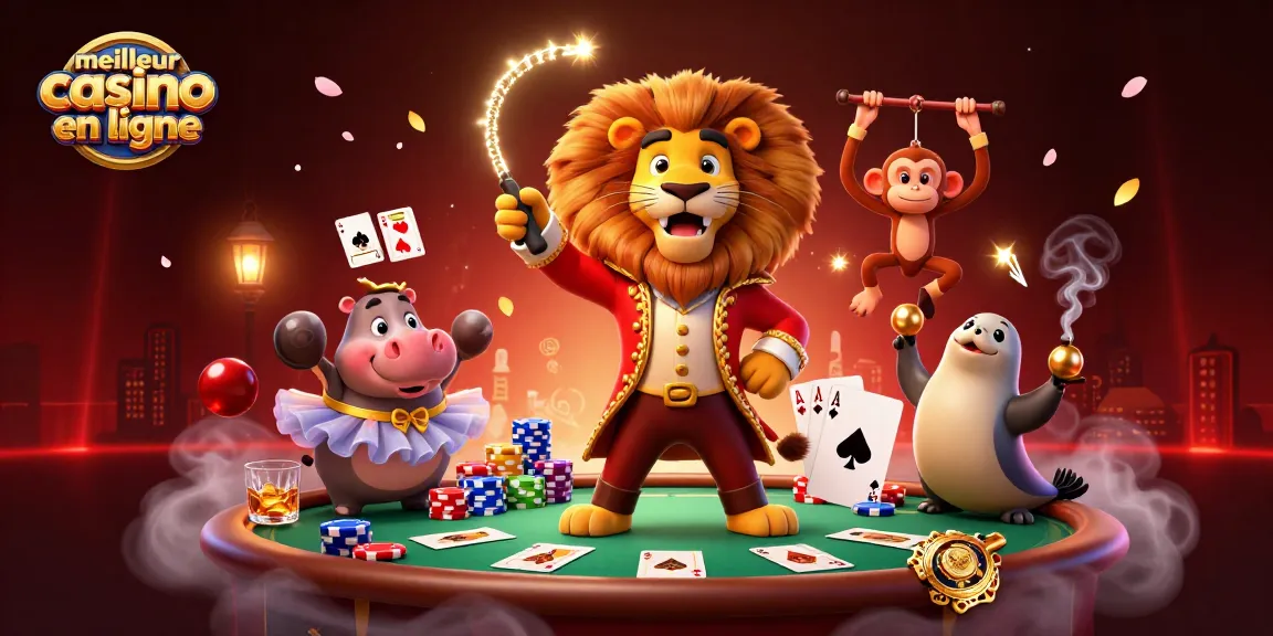 Visitez le meilleur casino en ligne avec ce visuel captivant mettant en scène des personnages de cirque et des éléments de jeu de poker.
