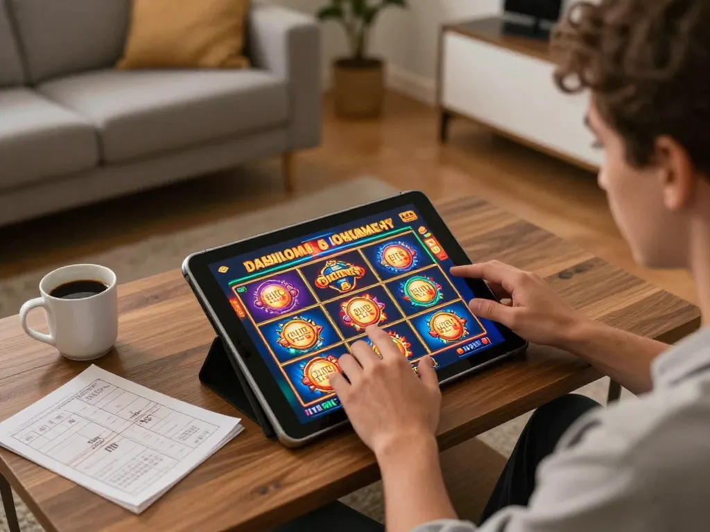Permainan menarik di rumah dengan permainan slot link yang ditampilkan di tablet, menunjukkan perjudian online yang strategis.