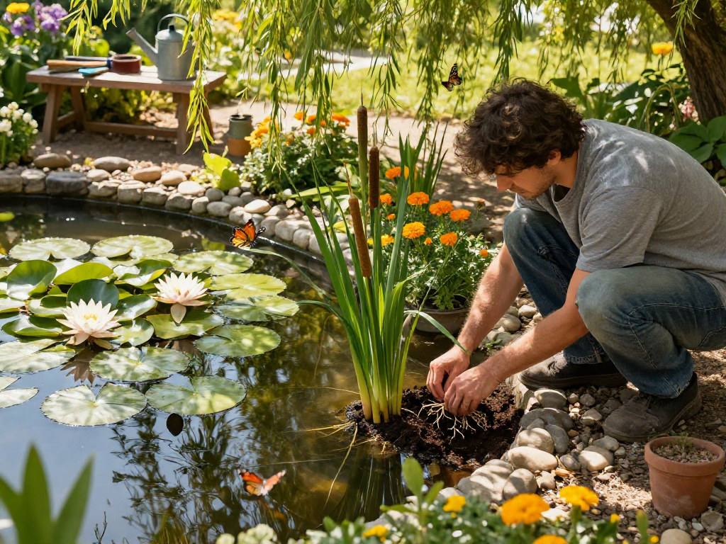 Gardener planting Marginal Pond Plants beside tranquil pond, surrounded by greenery and butterflies.