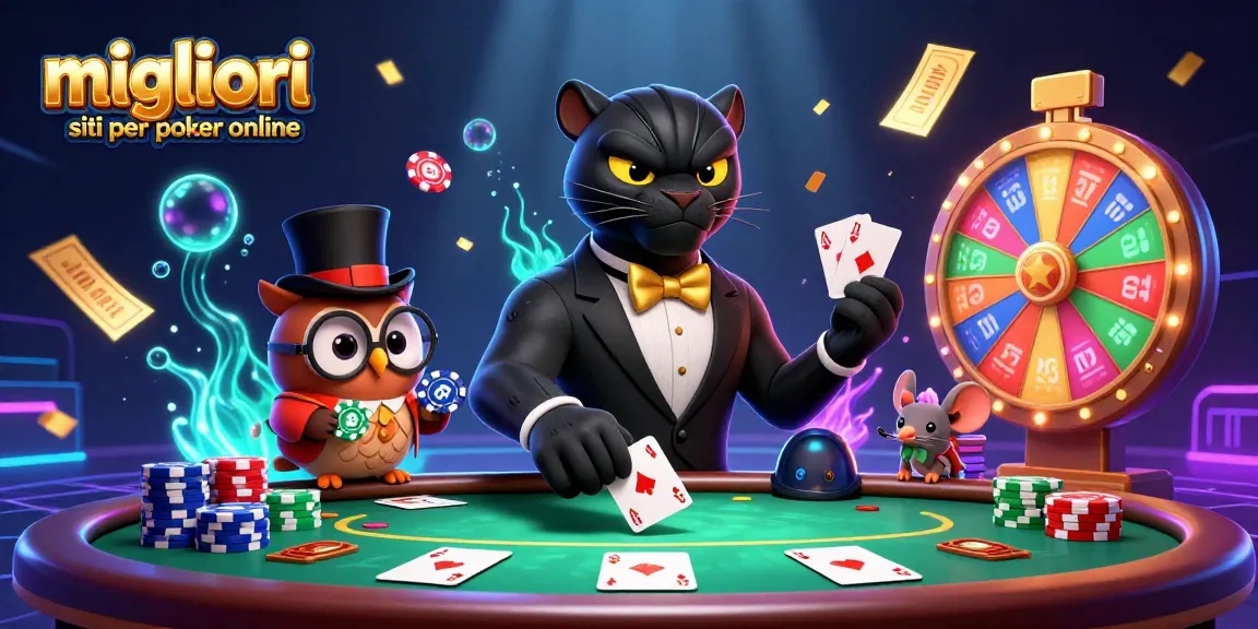 Migliori siti per poker online: scena vivace con personaggi e tavoli da poker, carte e gettoni in azione