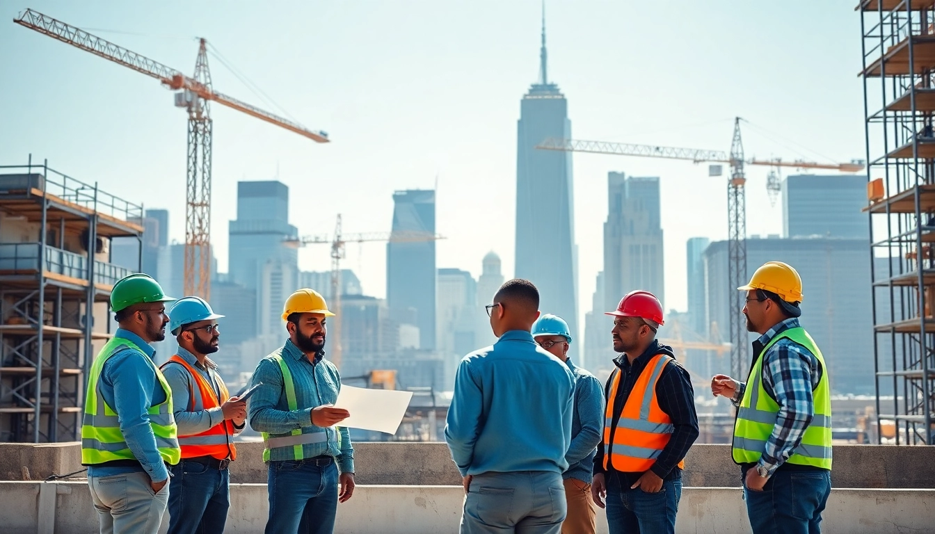 New York General Contractor team collaborating on a vibrant construction site with a skyline backdrop.
