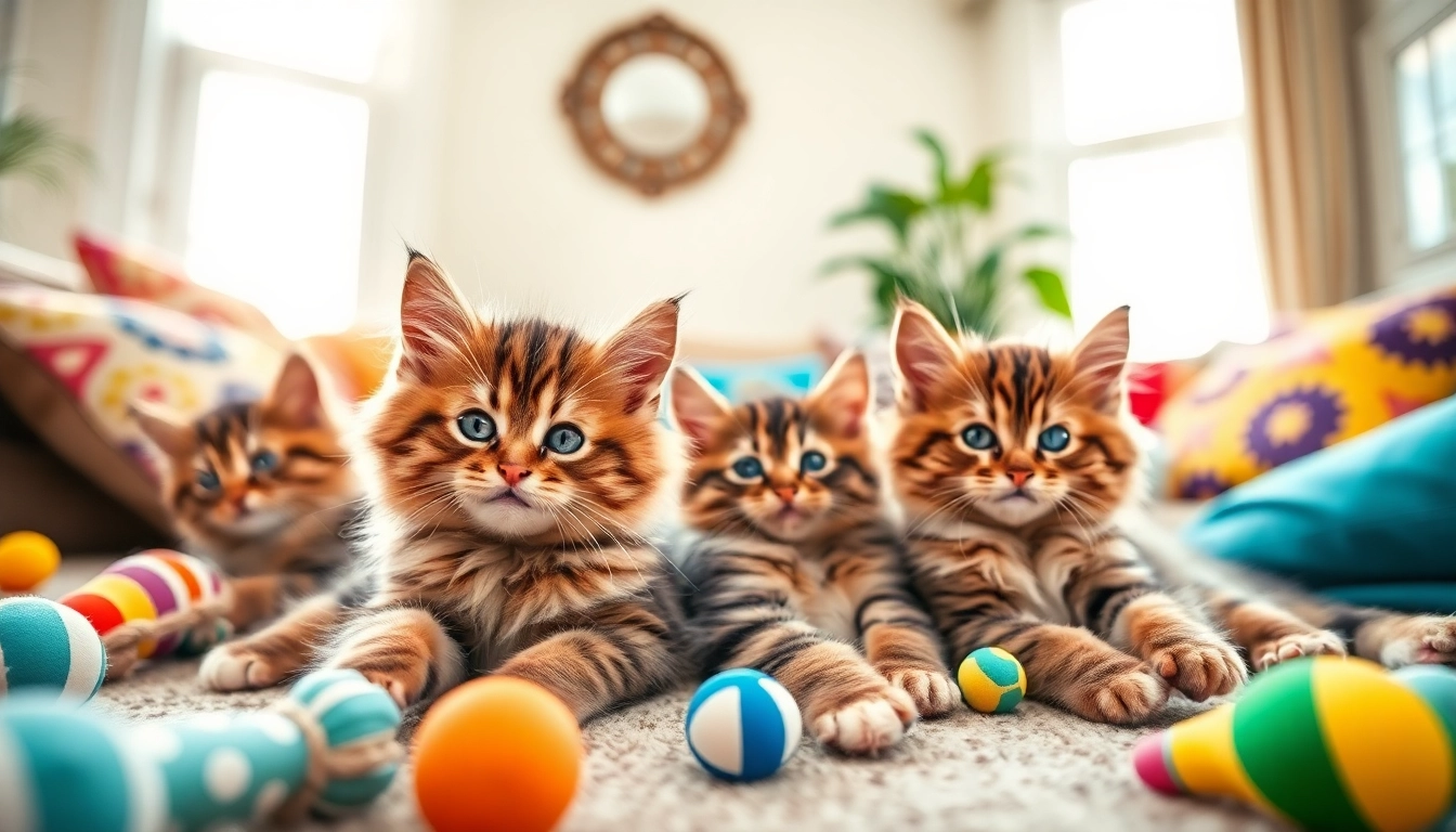 Maine Coon kittens for sale Bay Area playing in a bright living room filled with colorful toys.