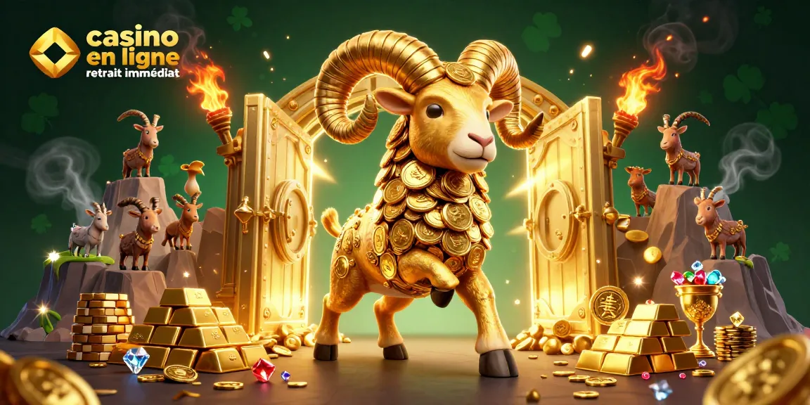 Profitez du casino en ligne retrait immédiat avec une riche scène 3D illustrant un bélier doré rempli.