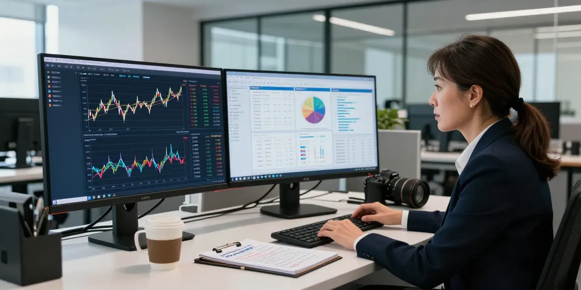 Financial crime intelligence analyst working with data visualizations in a modern office setting.