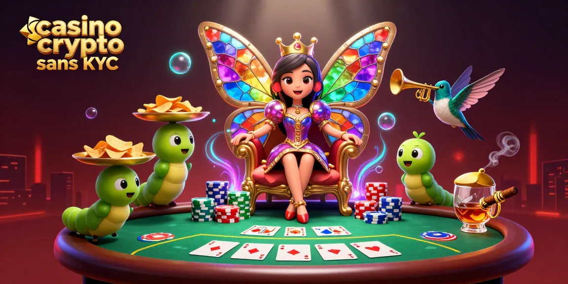 Jouer à casino crypto sans KYC avec une reine papillon 3D et des jetons en couleurs vibrantes.