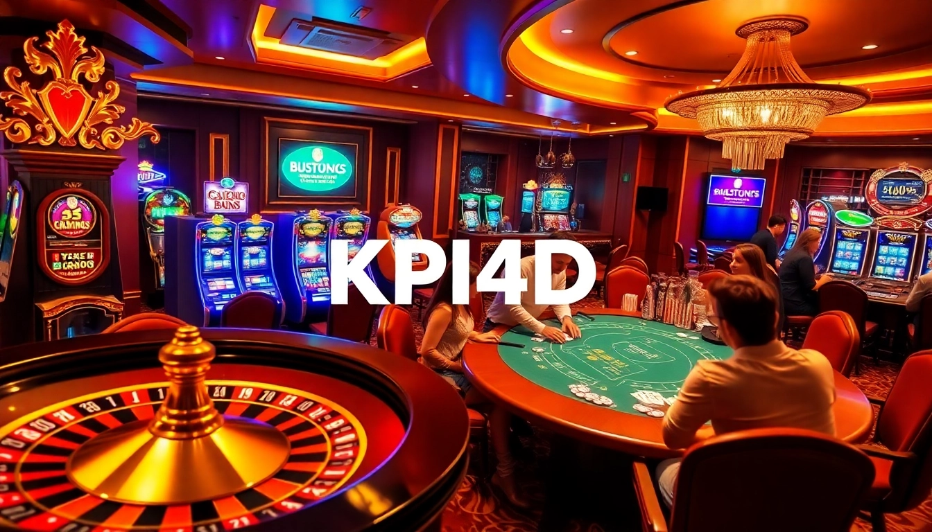 KPI4D gaming scene featuring an elegant roulette wheel and vibrant slot machines in a high-end casino atmosphere.