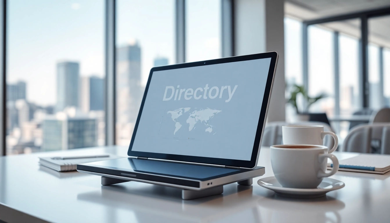 Explore the benefits of a global business directory website on a sleek digital device in a professional setting.