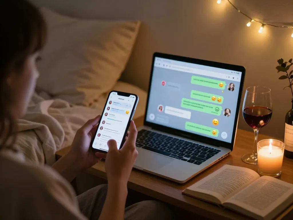 Sexting AI chat in cozy bedroom with smartphone and laptop, creating an intimate atmosphere