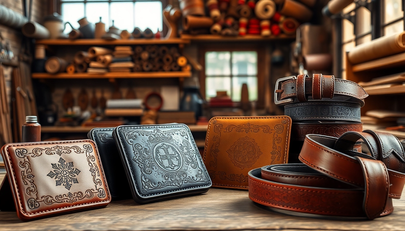 Showcase of Tooled Leather goods with intricate designs in a rustic workshop setting.