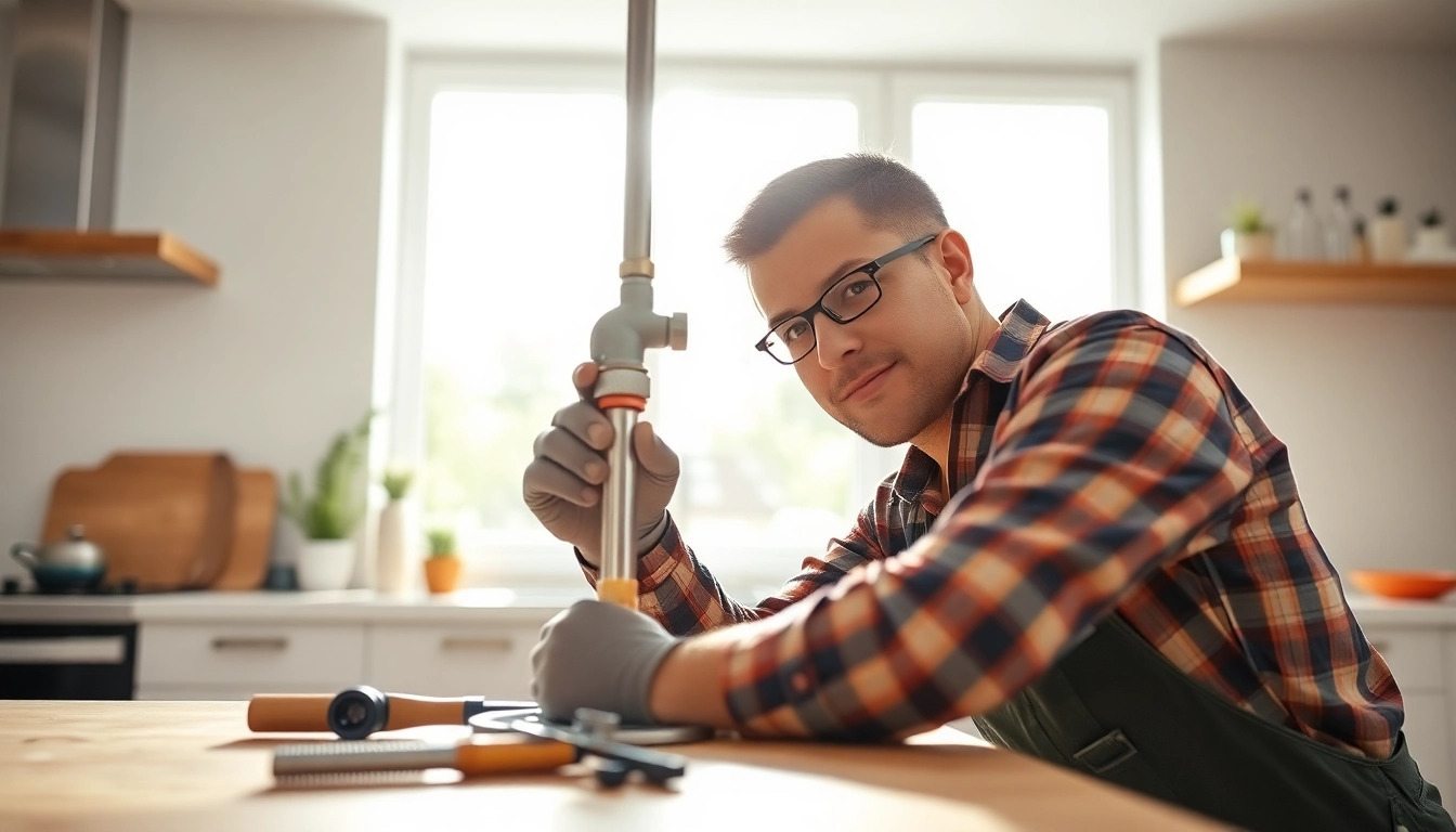 Local plumber repairing a leaky pipe in a bright kitchen, showcasing professionalism and expertise.