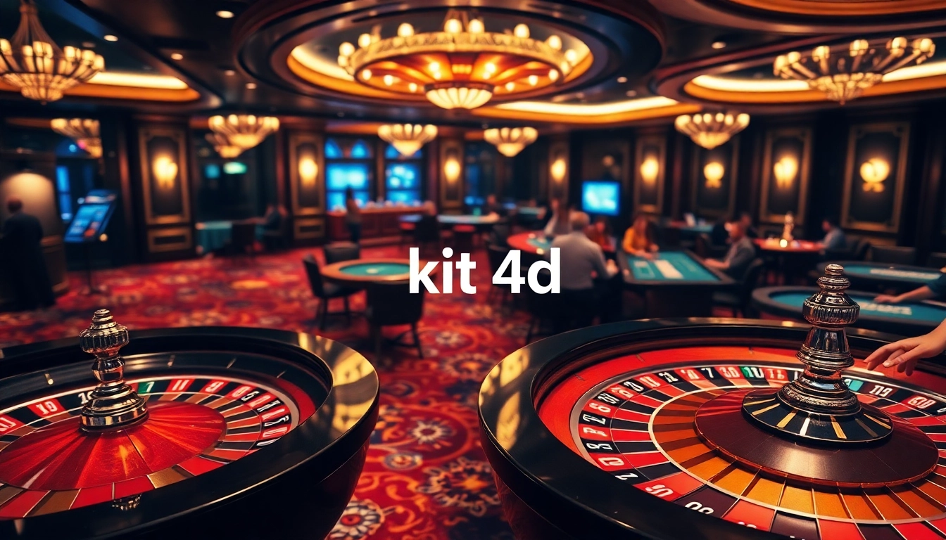 Adegan kasino yang menarik menampilkan Kit 4D dengan meja poker yang cerah dan roda roulette yang mewah.