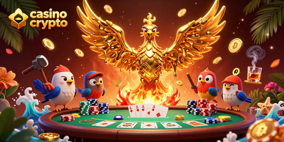 Créer une opportunité de gains au casino crypto avec un phoenix doré et des éléments de poker.