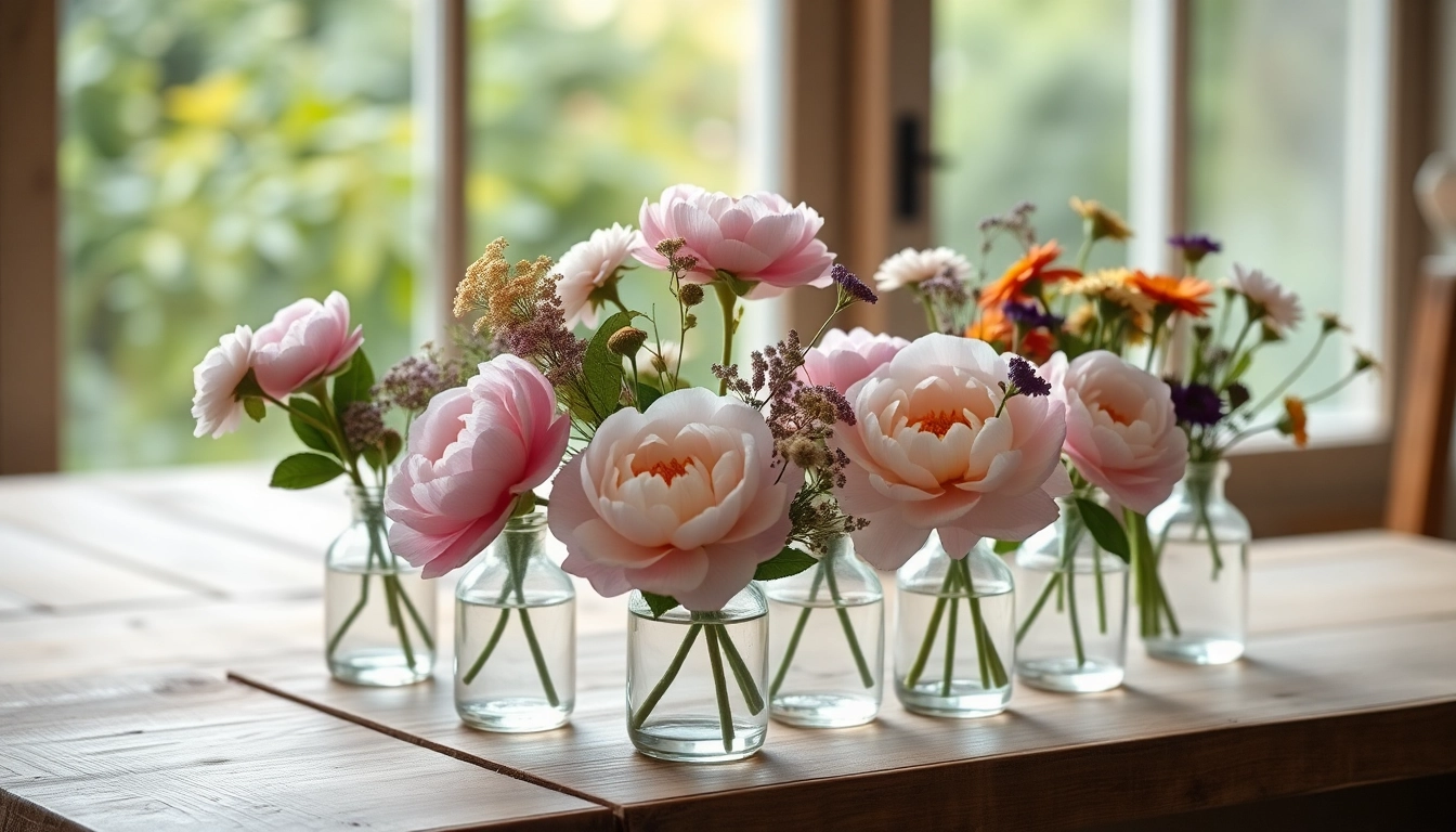 Beautiful display of elegant bud vases with fresh flowers on a wooden table.