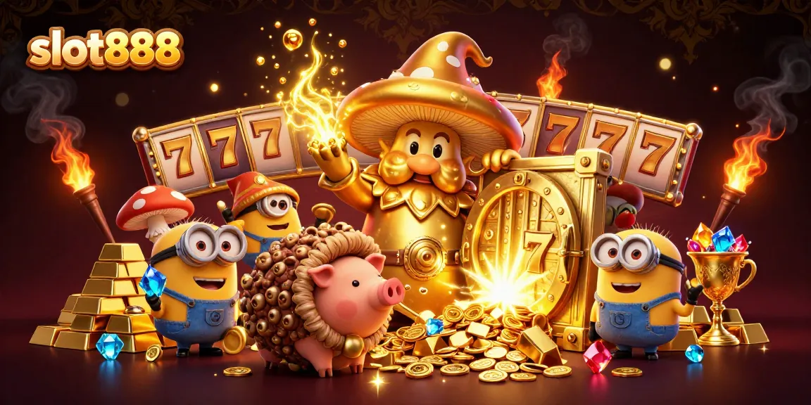 Menangkan slot888 dengan beragam permainan slot bertema, dikelilingi harta karun dan jackpot besar.