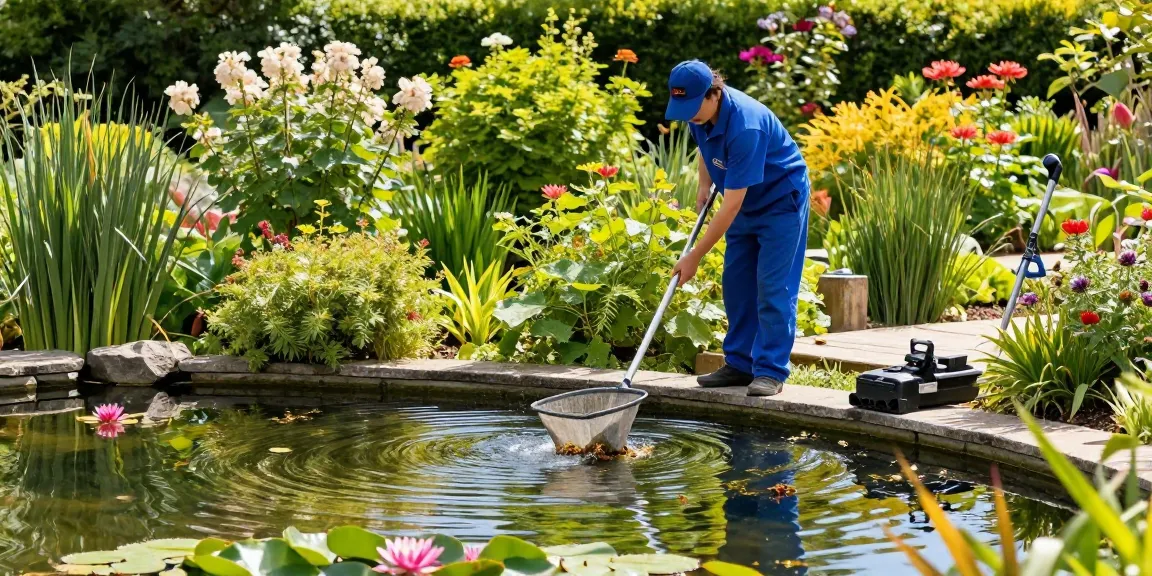 Pond clean Sussex service removing debris with professional tools in a serene garden setting.