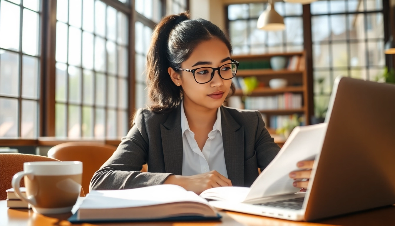 Pay someone to take toefl with a student focused on studying in a cozy coffee shop setting.