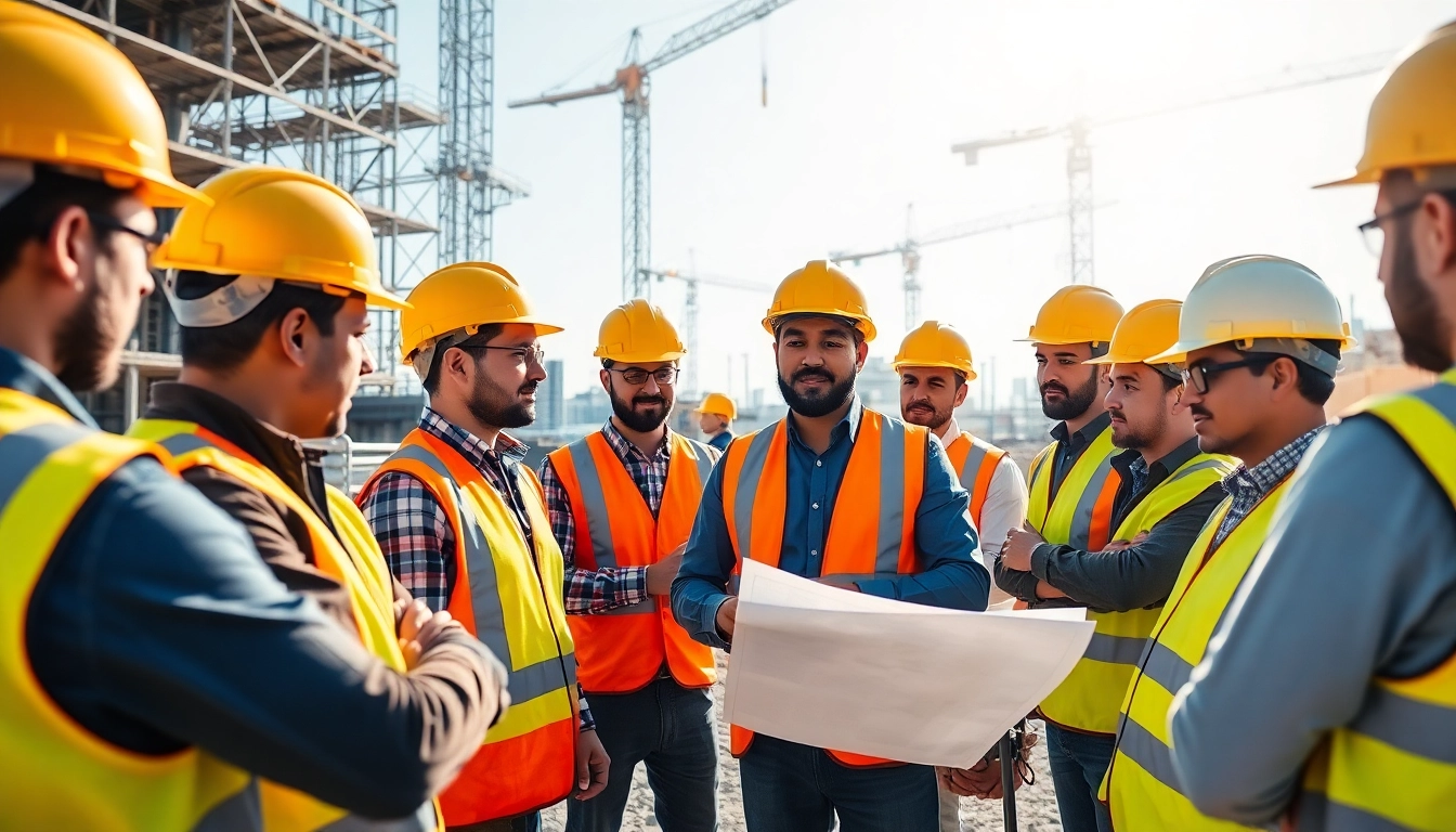 Promoting construction site safety, professional workers assess safety measures and equipment on-site.