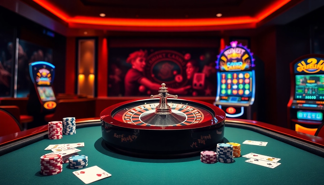 The thrilling atmosphere of online gambling at https://okwin68.net/ with vibrant roulette and poker elements.
