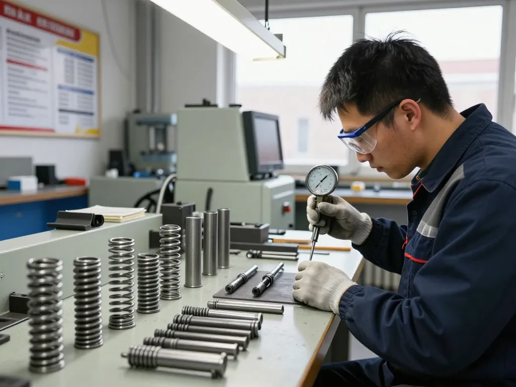 Tehnician inspectând arcuri ciur într-un atelier industrial vibrant.