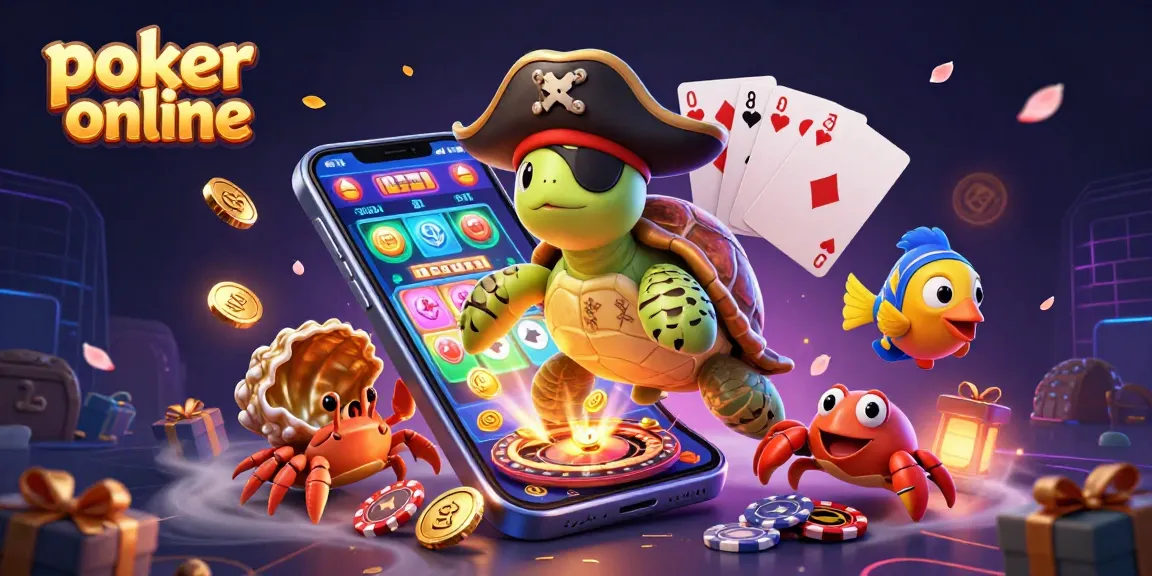 Jouez au poker en ligne avec des personnages colorés et des jetons éparpillés autour d'un téléphone 3D.
