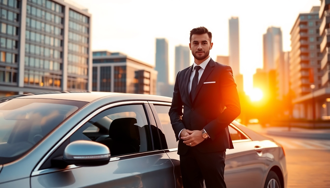 Chauffeur Hire in luxurious sedan with a professional driver in an upscale urban setting