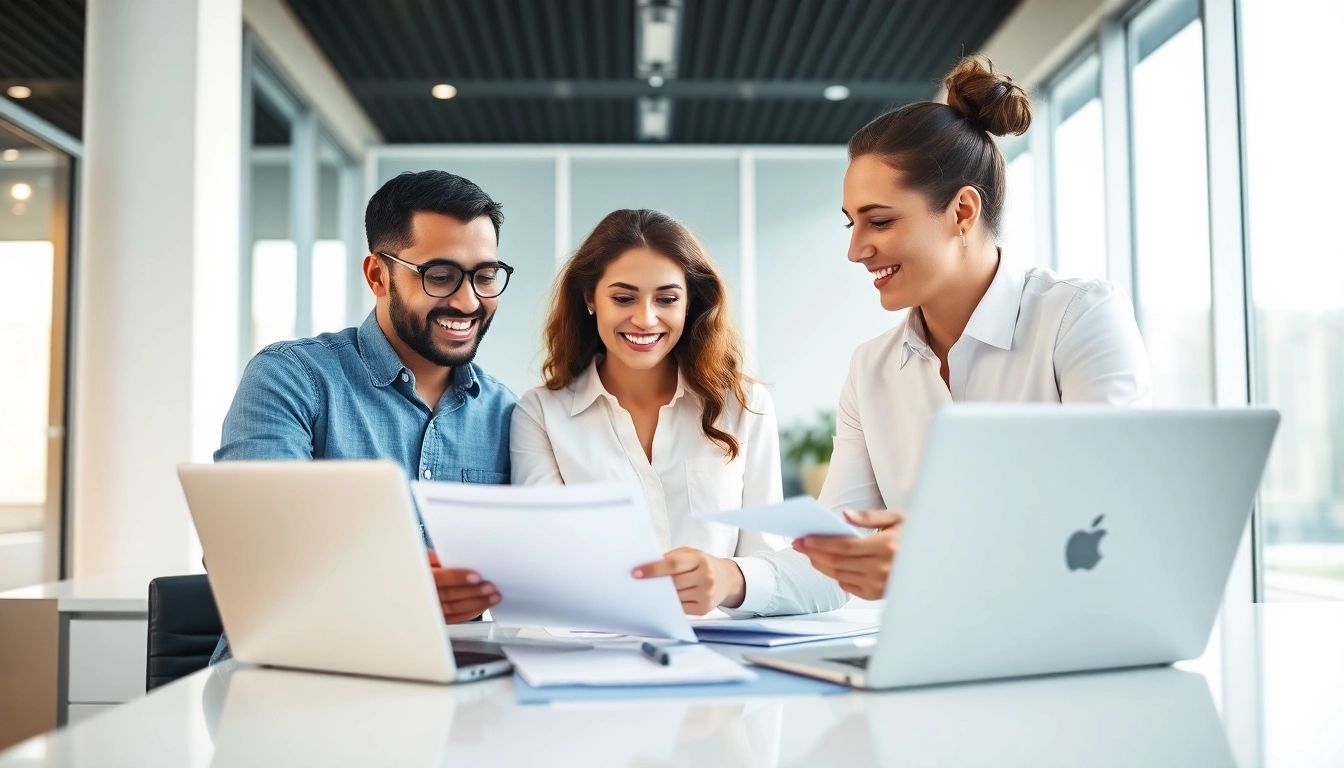 Facilitator guiding clients through the US bank account setup process in a professional environment.
