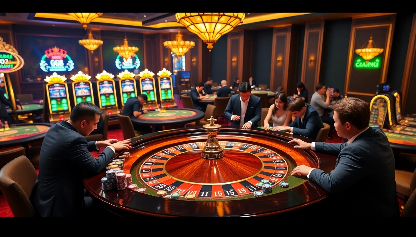 Engaging casino scene with players at roulette and slot machines, highlighting gg88 excitement