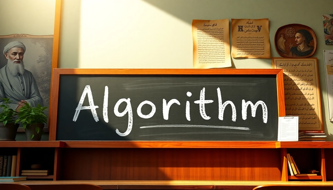 An educational illustration of algorithm etymology showcasing historical mathematicians and digital elements.