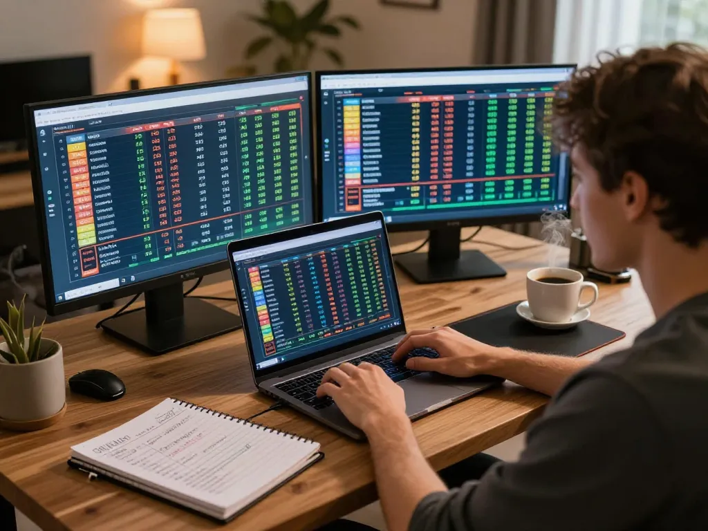 Engaging user monitoring KQBD sports betting updates on laptop in cozy home office